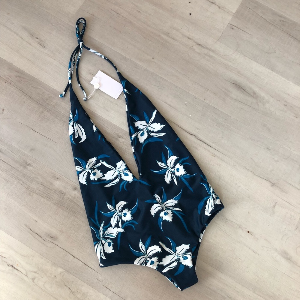 NWOT Mikoh Hinano High Cut Blue Tropical Floral Scoop Back w Deep Front Plunge - Picture 3 of 4